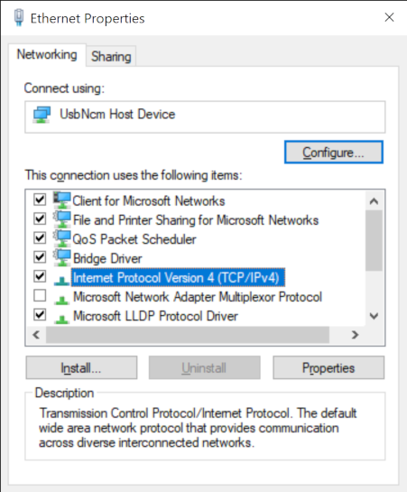 A screenshot of the Ethernet properties window with TCP/IPv4 highlighted